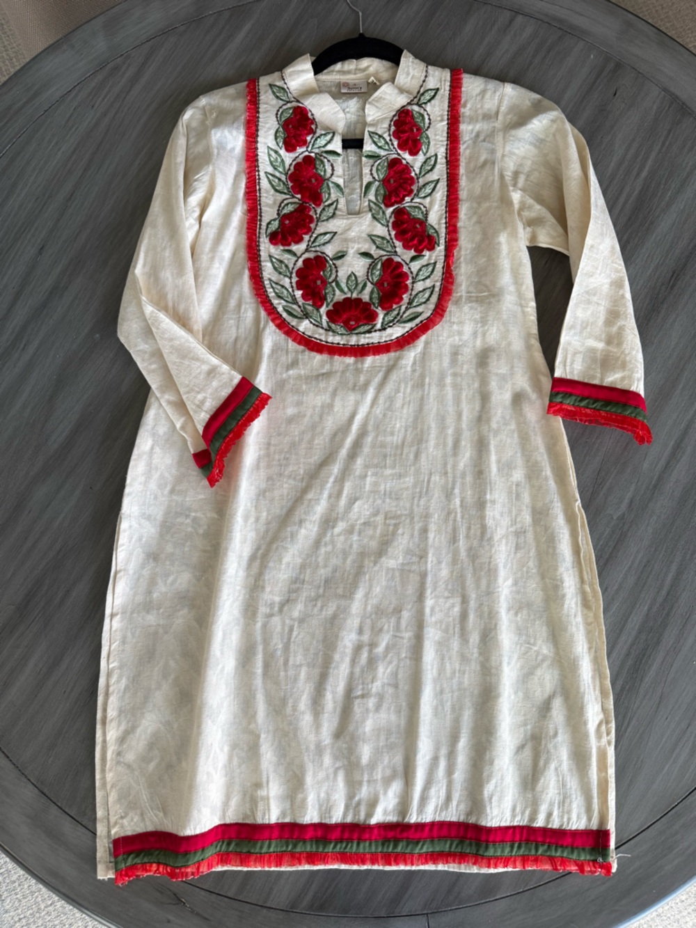 Gorgeous Cream Embroidered Indian Kurta Tunic Top with Red Floral Appliqué